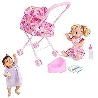 Baby Doll Stroller, 55cm Baby Doll Pram with Adjustable Hood, Foldable Baby Doll Stroller with Baby Doll & Accessories, Doll Pushchair for Toddler 2-5 Years Old(Strawberry)