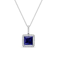 Princess Cut Lab Created Blue Sapphire & Round Diamond 2.08 ctw Women Halo Pendant Necklace 14K Gold