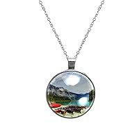 Round Silver Pendant Necklace for Women Girls, Canadian Emerald Lake Landscape Circle Coin Necklace Jewelry