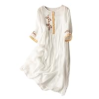 Women Cotton Linen Embroidery Cute Babydoll A-Line Dress Summer Half Sleeve Crewneck Casual Loose Swing Dresses