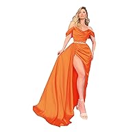 Off Shoulder Prom Dresses Long with Train for Women Formal Dress Wrap Belt Satin Ruched Evening Gowns with Slit DR0003
