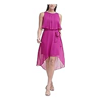 Jessica Howard Womens Pink Zippered Ruffled Sheer Lined Popover Sleeveless Crew Neck Midi Evening Hi-Lo Dress Plus 14W