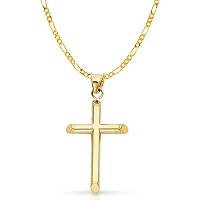 14K REAL Gold Polished Classic Cross Pendant with 1.9mm Solid Figaro 3+1 Chain Necklace For Women and Men - Various Sizes