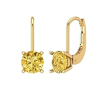 2.0 ct Brilliant Round Cut Solitaire Natural Yellow Citrine Designer Lever back Drop Dangle Earrings Solid 14k Yellow Gold