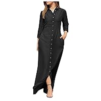 Trendy Button Down Long Sleeve Shirt Maxi Dress Summer Sexy V Neck Plus Size Fall Formal Elegant Casual Long Dress