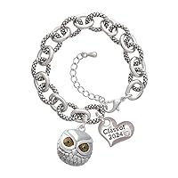 Silvertone Large Round Owl with Green Crystal Eyes - Class of 2024 Heart Charm Link Bracelet, 7.25+1.25