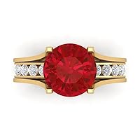 2.86ct Round Cut Pave Solitaire with Accent Simulated Red Ruby Statement Sliding Bridal Wedding Ring Band Set 14k Yellow Gold