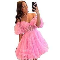 2023 Off The Shoulder Pink Short Puffy Sleeve Homecoming Dress Mini Cocktail Party Gown