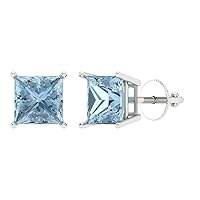3.9ct Princess Cut Solitaire Natural Sky Aquamarine Unisex pair of Stud Earrings 14k White Gold Screw Back conflict free