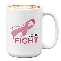 Inspirational Cancer Coffee Mug 15oz White - Her Fight Is - Breast Servix Lung Cancer Chemoterapy Leukimia Melanoma Symptoms Healing Motivation
