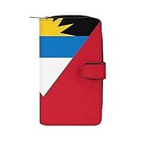 Antigua and Barbuda Flag Womens Leather Wallets Slim Card Holder Purse RFID Blocking Bifold Clutch Handbag Zippered Pocket