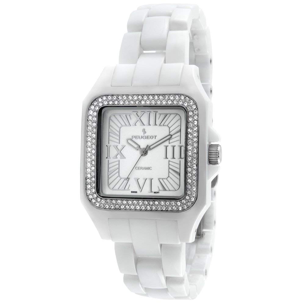 Peugeot Swiss Women Genuine Ceramic Watch - Square Case with Swarovski Crystal Bezel and Bracelet