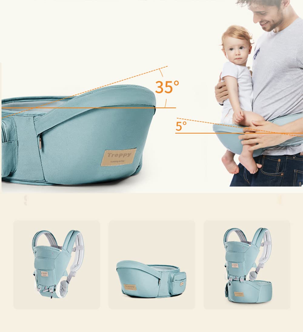 Baby Carrier with Hip Seat，Soft Cotton 6-in-1 Baby Carrier with Waist Stool，Removable Hood，One Size Fits All -Adapt to Infant Newborn for Home, Outdoor, Travel,Blue