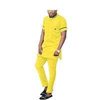 Tracksuit Men African Clothing Short Sleeve Blouse and Pants Suit Crop Top Dashiki Shirts Pockets Plus Size Casual