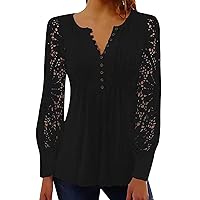 Women Lace V Neck Tops Long Sleeve Button Up Blouse Dressy Casual Ladies Tunic Shirt Elegant Lace Crochet Solid Loose Tops