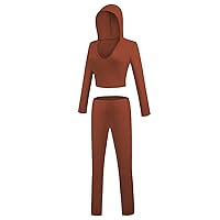 Women's Slim Fit Casual Solid Color Round Neck Hooded Long Sleeve Top And High Waist Pants Set