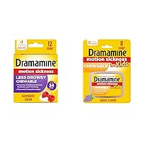 Dramamine Motion Sickness Relief Chewable Tablets Bundle with Raspberry Cream Flavor 12 Count and Grape Flavor for Kids 8 Count
