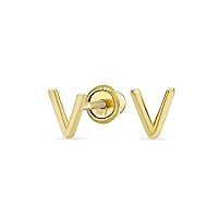 ABC Minimalist Real Yellow 14K Gold Capital Block Alphabet Letter Initial Stud Earrings Safety Ball Screw Back For Teen For Women