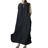 Ladies Summer Solid Cotton and Linen Vest Round Neck Sleeveless Maxi Dress Outfits for Plus Size Women