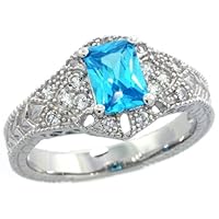 Sterling Silver Blue Topaz Cubic Zirconia Engagement Ring Emerald Cut ¾ ct cntr, Sizes 6-9