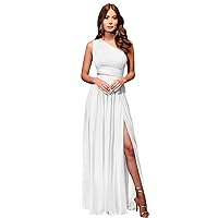 Summer Beach A-line Chiffon White Wedding Dresses One Shoulder Sleeveless Long Slit Bridal Gown with Pockets Size 2