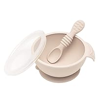 Bumkins Baby Bowl, Silicone Feeding Set with Suction for Baby and Toddler, Includes Spoon and Lid, First Feeding Set, Training Essentials for Baby Led Weaning for Babies 4 Months Up, Sand