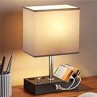 Dimmable Table Lamps with Linen Shade and 2 USB Port, Fully Stepless Lamps for Bedrooms, Bedside Nightstand Desk Lamps for Reading Living Room Office LED Bulb Included (Grey)