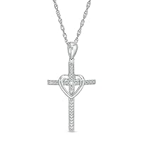Cross with Heart Religious Pendant Necklace Created Diamonds 14k White Gold Finish