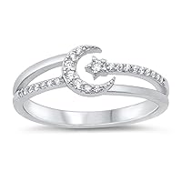 Clear CZ Open Crescent Moon Star Studded Beautiful Ring New .925 Sterling Silver Band Sizes 4-10