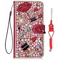 Sparkly Leather Wallet Case for Women with 2 Pack Glass Screen Protector and 2 Lanyards, Bling Flip Girly Phone Cover (Red Sexy Lip,for iPhone 13 Pro)