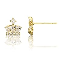14K Yellow Solid Gold Micropave Crown AAA Cubic Zirconia Stud Earrings | Crown Stud Earrings | Solid Gold Stud Earrings for Women and Girls