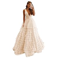 Women's Tiered Tulle Prom Dresses Long V Neck Empire Formal Gowns A Line Puffy Evening Party Dress