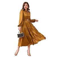 Women's Dress Lantern Sleeve Ruffle Hem Buckled Belted Satin Dress Summer Dress (Color : Mustard Yellow, Size : Medium)