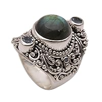 NOVICA Artisan Handmade Labradorite Blue Topaz Cocktail Ring from Bali .925 Sterling Silver Grey Multi Stone Indonesia Birthstone 'Beguiling Soul'