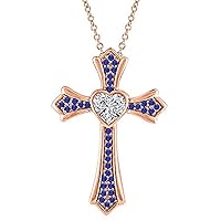Created Heart Cut Blue Sapphire 925 Sterling Silver 14K Gold Over Diamond Heart Cross Pendant Necklace for Women's & Girl's
