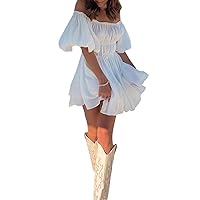 Y2k Off Shoulder Mini Dress Ruffled A Line Flowy Short Dress Casual Boat Neck Fairy Smocked Bodycon Ruched Party Dress