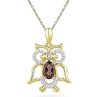 Oval Shaped Smoky Quartz & Clear D/VVS1 Diamond Accent Owl Pendant in 14K Yellow Gold Pated 925 Sterling Silver