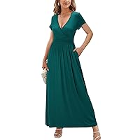 OUGES Women's Long/Short Sleeve V-Neck Wrap Waist Maxi Dress