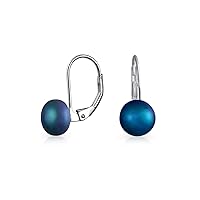 Simple Color Changing Iridescent Peacock Black White Pink Freshwater Cultured Pearl Lever back Round Ball Drop Earrings For Women .925 Sterling Silver