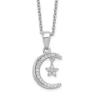 Sterling Silver Cable Polished CZ Moon and Star 18in Necklace 18 Inches x 9 mm