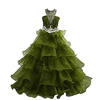 VeraQueen Girl's Halter Beads Layers Pageant Dresses Sleeveless Backless Flower Girls' Dresses Army Green