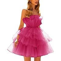 Strapless Homecoming Dresses for Teens Tiered Tulle Puffy Short Prom Dresses Ruffle Mini Party Gown