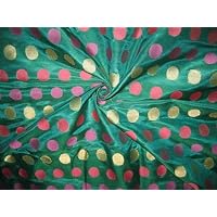 Pure Silk Brocade Fabric Green Colour with Pink and Gold dots 44