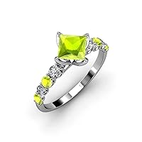 Peridot Princess Cut & Side Natural Diamond Engagement Ring 1.63 ctw 14K White Gold.size 5.0