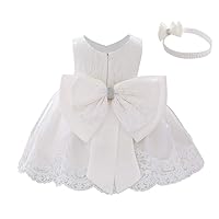 Baby Girls Formal Dress Lace Bowknot Baptism Embroidery Princess Birthday Wedding Flower Tutu Gown with Headwear