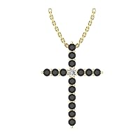 14k Yellow Gold timeless cross pendant set with 15 charismatic black diamonds (1/2ct, I1 Clarity) encompassing 1 round white diamond, (.045ct, H-I Color, I1 Clarity), hanging on a 18