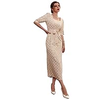 Trendy Dresses for Women 2023 Square Neck Print Elegant Puff Sleeve High Waist Belted Dress Short Sleeve Long Dress