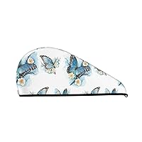 Blue Butterfly On Blossom Flower Coral Fleece Hair Drying Cap, Microfiber Hair Towel for Women's Wet Hair, Quick Drying Turban