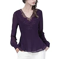Early Autumn Womens Long Sleeve Purple Chiffon Top Hollow Out V-Neck Embroidered Blouses Slim Waist Vintage Shirt