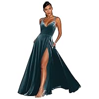 Women's Long Velvet Bridesmaid Dress V-Neck Formal Evening Prom Wedding Party Gowns with Slit Pockets